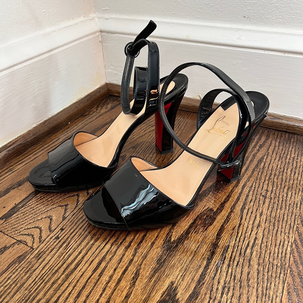 Christian Louboutin Cadrilla 70mm black patent strappy block heel size 39